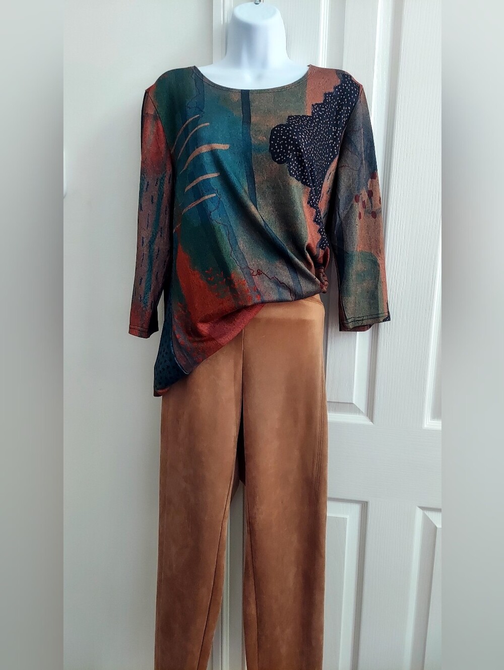 Women’s Multicolor Abstract Top with Brown Suede-Leg Pants